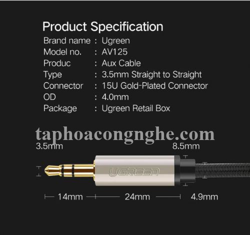 Ugreen 40785 10M màu Đen Cáp âm thanh 2 đầu 3.5mm dương đầu bọc kim loại cao cấp AV125 30040785